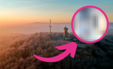 Rhön von oben mit Pfeil auf verpixeltes Bild