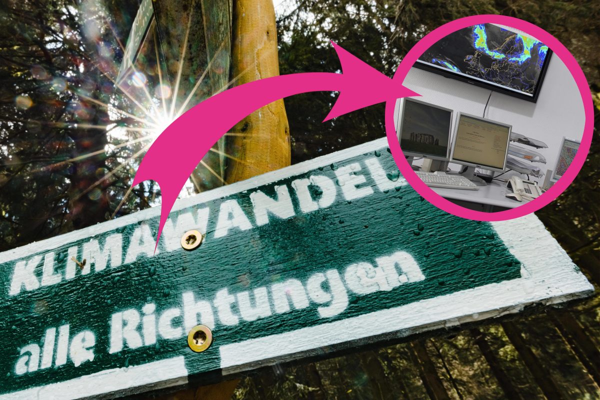 Im Thüringer Wald steht ein Schild mit der Aufschrift "Klimawandel alle Richtungen" ein Pfeil zeigt auf eine Wetterstation als Symbol für Wetterdaten.