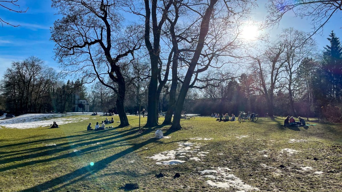 Ein Park in Weimar. Es scheint die Sonne. Sie bringt bei mildem Wetter den Schnee zum Schmelzen.